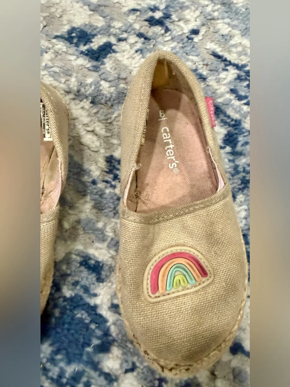 Carter's Beige Canvas Slip-On Shoes with Pink Flower & Rainbow Accent